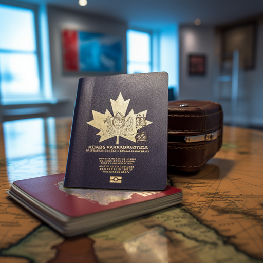 דרכון קנדי המוצג לצד מזוודה ומפת עולם, המסמל נסיעות בינלאומיות.