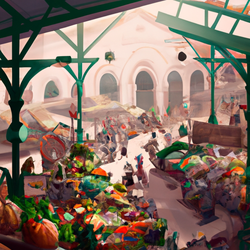 אתונה תמונה של השוק המרכזי ההומה, עם רוכלים שמוכרים תוצרת טרייה ואנשים עושים קניות בין הצבעים והניחוחות התוססים.
