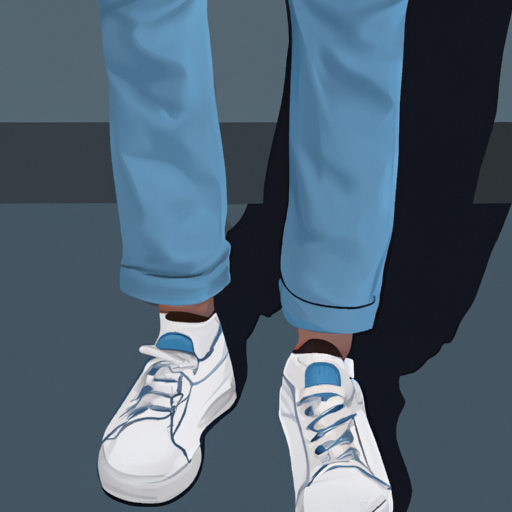 תמונה של גבר לובש נעלי ספורט לבנות עם חולצה כחולה