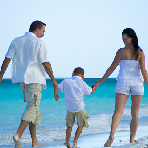 משפחה מאושרת נהנית מחופשת חוף הכל כלול, עם האוקיינוס ברקע.