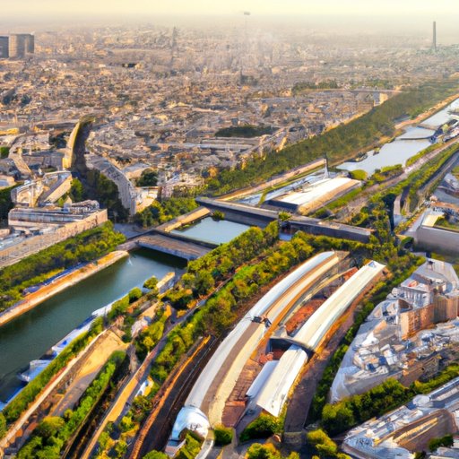 נוף פנורמי של פריז, המציג את ציוני הדרך המפורסמים שלה ואפשרויות התחבורה הציבורית.