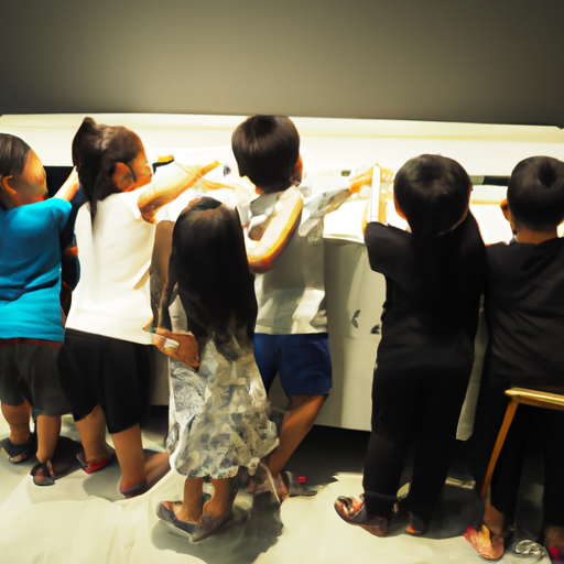קבוצת ילדים משתתפת באופן פעיל בתערוכה מעשית במוזיאון בבנגקוק