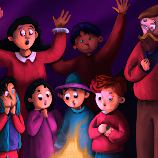 קבוצת ילדים צופים בקוסם מבצע טריק קסם, פרצופים מלאים פליאה והתרגשות.