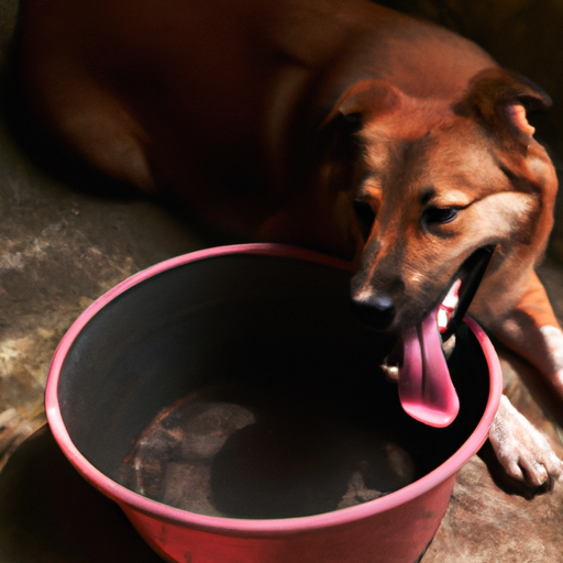 תמונה של כלב מתנשף בצל, עם קערת מים בקרבת מקום.