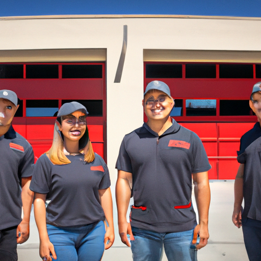 Team of professional technicians from Los Angeles Garage Doors Pro posing in front of their service vehicles
