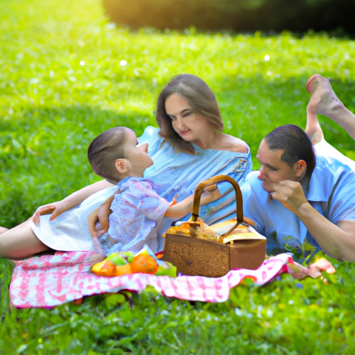 משפחה מאושרת נהנית מפיקניק בפארק ציורי