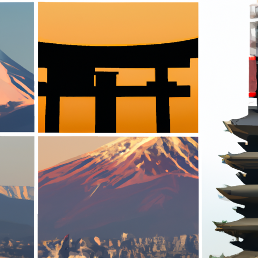 קולאז' של ציוני דרך יפניים איקוניים, כולל הר פוג'י, מגדל טוקיו ומקדשי קיוטו