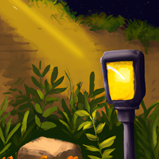 מנורה סולארית צהובה בוהקת המאירה גינה בלילה