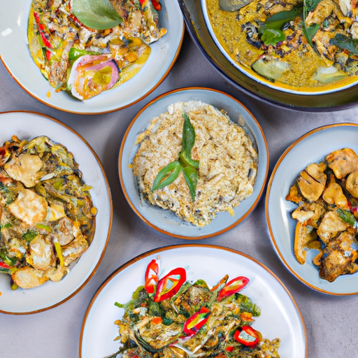 מבחר של מטבח תאילנדי טעים, כולל פאד תאי וקארי ירוק
