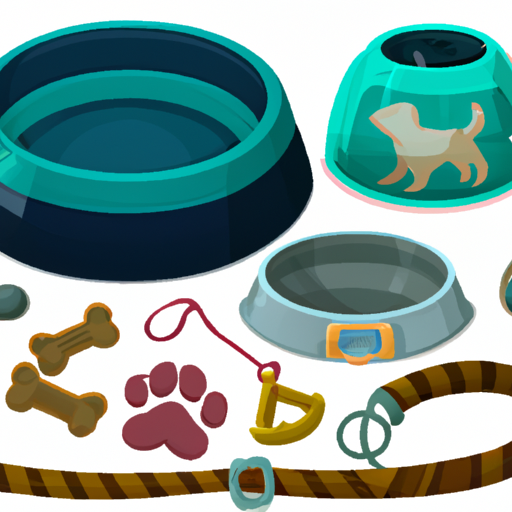 איור של מצרכים שונים לחיות מחמד לכלבים קטנים, כגון רצועה, קערת אוכל וצעצוע