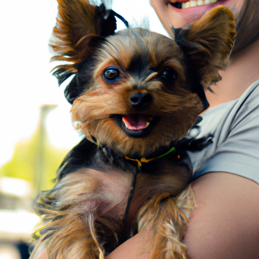 תמונה של כלב קטן בזרועות בעליו החדש, מחייך באושר