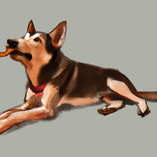 ציור של כלב שוכב כשהוא מאולף עם פינוק בפה.