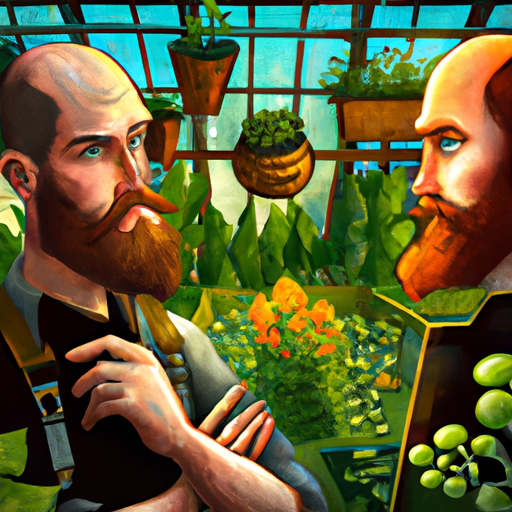 Image of a gardener thoughtfully contemplating two different indoor grow setups.
