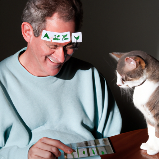 גבר מבוגר שמשחק משחק זיכרון עם החתול שלו, מדגיש את הגירוי המנטלי שחיות מחמד יכולות לספק.