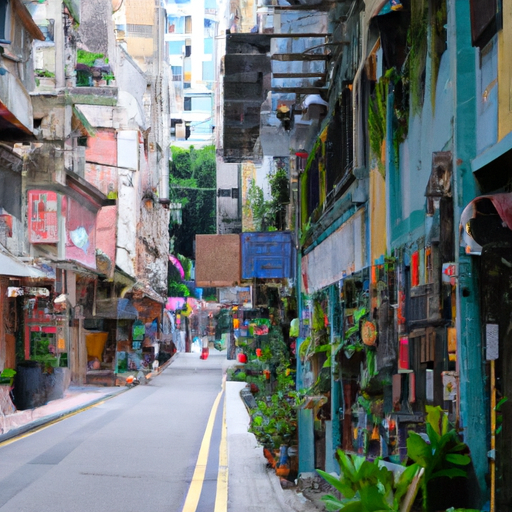 נוף רחוב שוקק של רחוב Thalang, שלאורכו מבנים היסטוריים צבעוניים וחנויות תוססות.