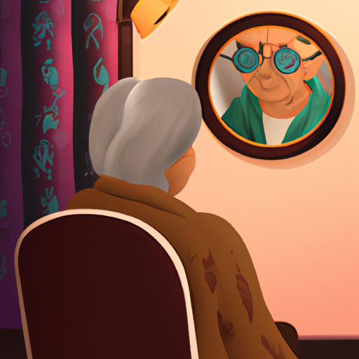איור המראה קשיש המתבונן בבבואתו, המייצג את האתגרים הפסיכולוגיים ובעיות הזהות שעלולות לבוא עם ההזדקנות.
