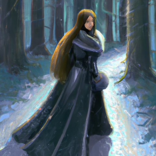 צילום גלוי של ננסי, המעיל שלה מנצנץ, כשהיא מנווטת באומץ בשביל יער.