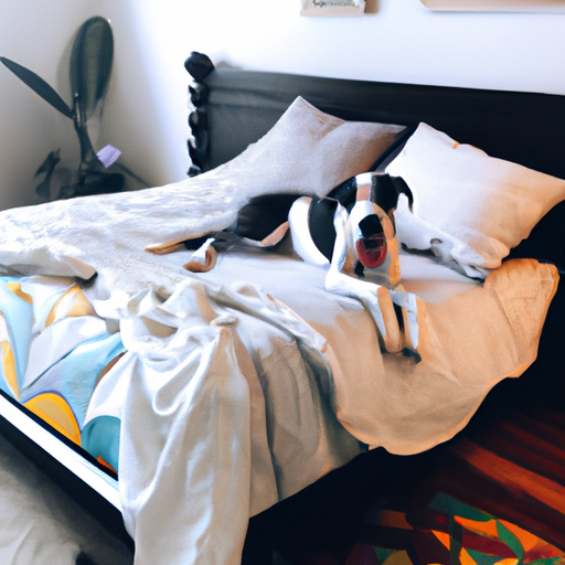 כלב שמח משתרבב על המיטה המעוצבת המיוחדת שלנו