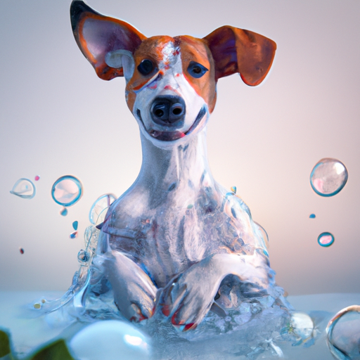 תמונה של כלב מתרחץ, עם בועות במים