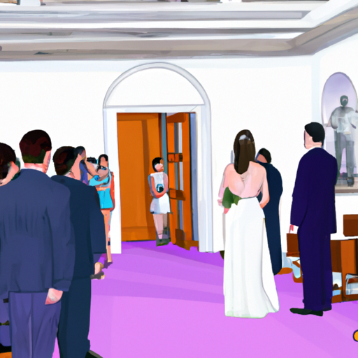 איור של טקס חתונה אזרחי בעיצומו בתוך בניין עירייה קפריסאי.
