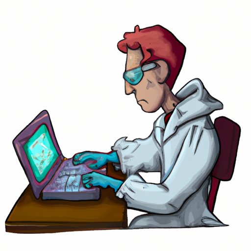 אדם בחלוק מעבדה ומשקפי בטיחות עובד על מחשב נייד