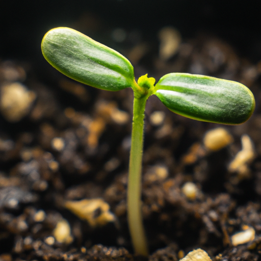 A close-up image of a cannabis seedling sprouting from the soil, exhibiting the first signs of life.