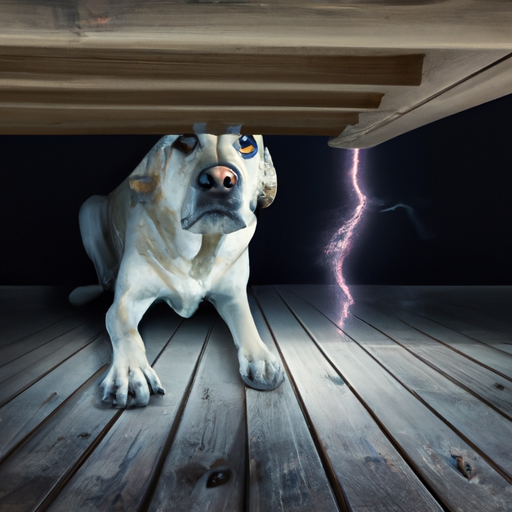 תמונה של כלב מפוחד למראה מתכווץ מתחת למיטה במהלך סופת רעמים
