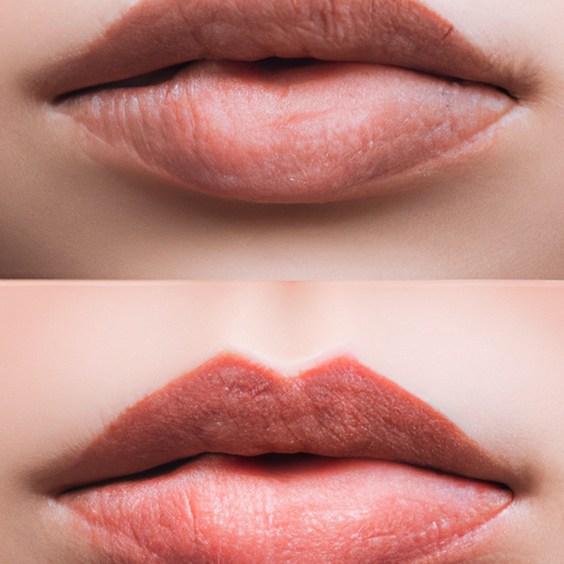 צילום המראה לפני ואחרי תוצאות של הליך פיגמנטציה של שפתיים