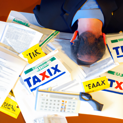 1. אדם מוצף במסמכי מס מפוזרים, המדגישים את הצורך בשקית מס.