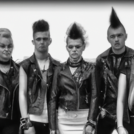 1. A Black And White Photo Of A Group Of Teenagers Sporting Punk Attire, Complete With Leather Jackets And Mohawks.