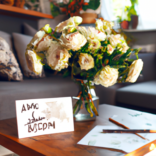 תמונה של בית נעים עם זר פרחים יפהפה וכרטיס אישי