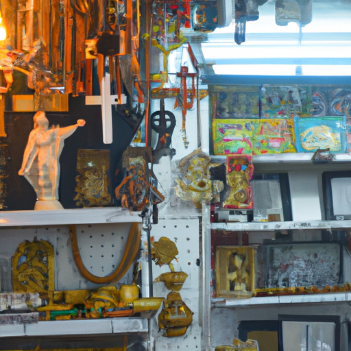 תמונה של חנות כלי קודש עם מבחר רחב של תשמישי קדושה בתצוגה.