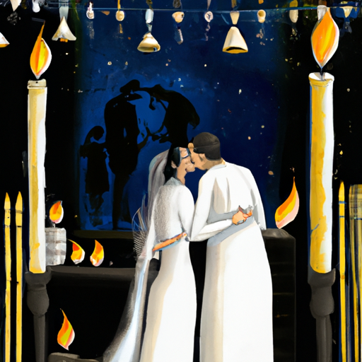 1. תיאור של טקס חתונה יהודי מסורתי, המציג את המנהגים והטקסים הייחודיים המעצבים את חוקי הנישואין בישראל.
