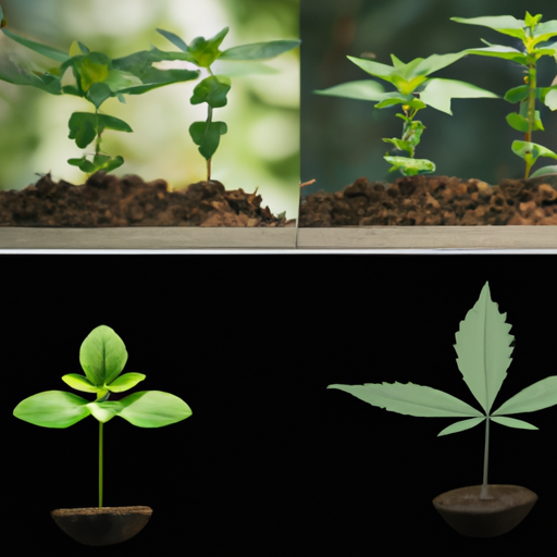 A comparative image showing cannabis seedlings grown in soil and hydroponics