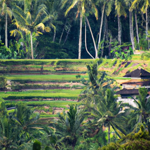 תמונה שלווה של טרסות האורז של אובוד, מוקפות בצמחייה עבותה וארכיטקטורה באלינזית מסורתית.