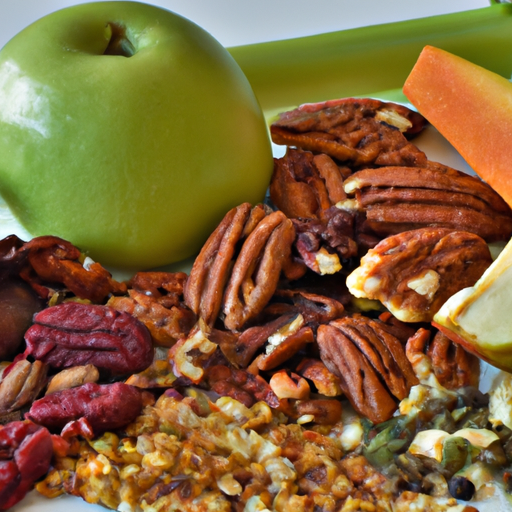 תמונה המציגה מגוון מאכלים עתירי רכיבים תזונתיים כגון פירות, ירקות, אגוזים וזרעים.