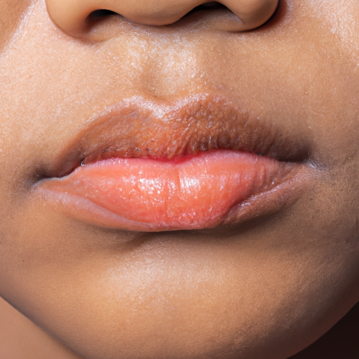תמונת תקריב של פניה של אישה המראה שפתיים נפוחות מוגזמות לאחר הליך פיגמנטציה של השפתיים.