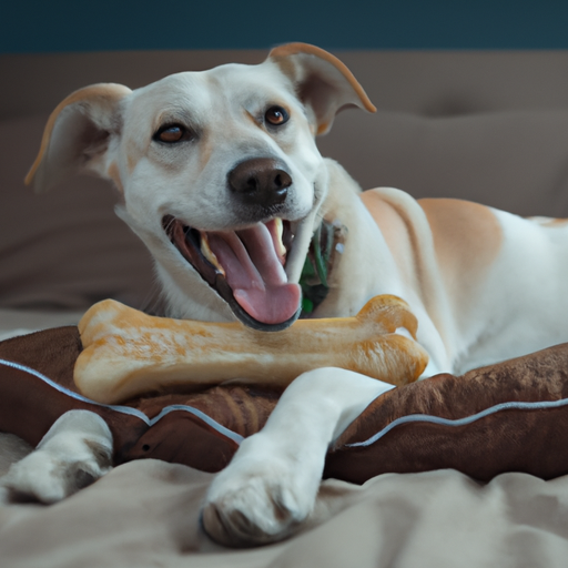 תקריב של כלב שמח שוכב במיטה עם עצם בסמוך