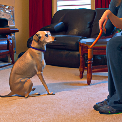 תמונה של כלב מבצע פקודת 'שב' בסלון, כשהבעלים מתבונן בגאווה.