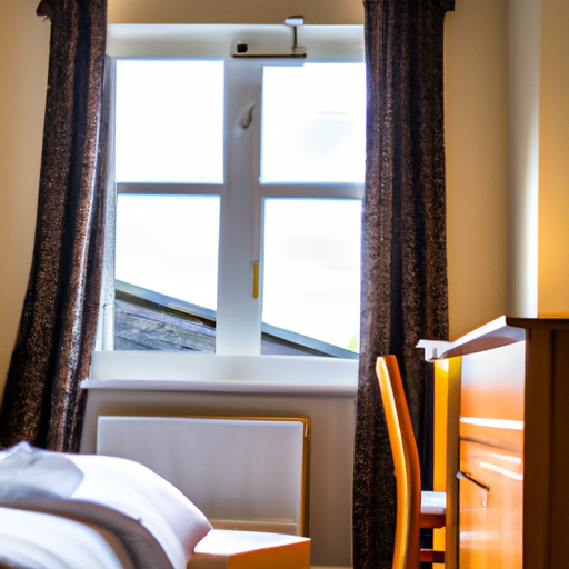 חדר מלון אלגנטי עם חלונות מהרצפה עד התקרה המציע נופים מדהימים של הנוף שמסביב.