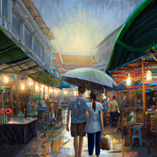 זוג עם מטריות עובר בשוק רחוב תאילנדי שוקק בגשם