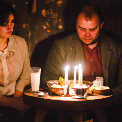 זוג נהנה מארוחה גרוזינית מסורתית במסעדה כפרית, פניהם מוארים בזוהר החם של אור נרות