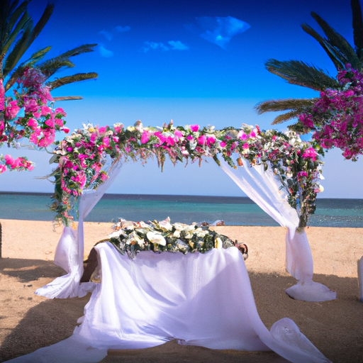 נוף עוצר נשימה של ערכת חתונה על חוף קפריסין.
