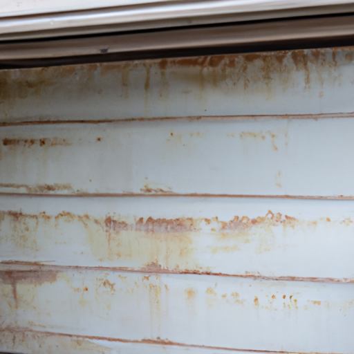 A garage door with visible wear and tear before maintenance