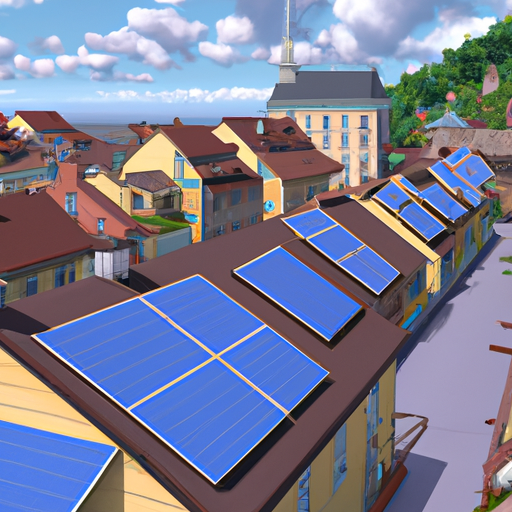 נוף פנורמי של שכונה עם פאנלים סולאריים מותקנים על מספר גגות