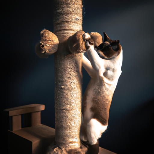 תמונה של חתול שורט על עמוד גירוד