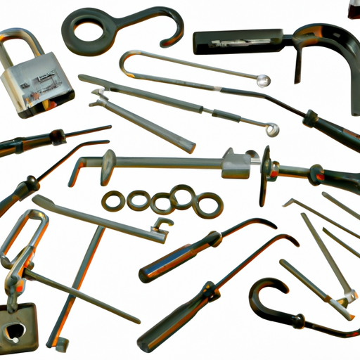 1. תמונה המציגה אוסף של כלים חיוניים למנעולנות כגון מרים מנעולים, מפתחות מתיחה ומחלצי מפתחות.