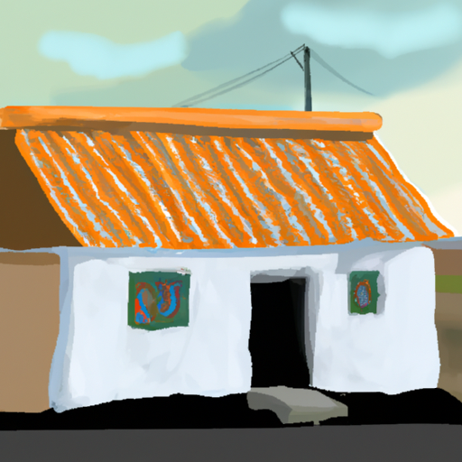 תמונה של בית אושגולי טיפוסי, עם גג נמוך, קירות שטופים לבנים וגג רעפים אדום
