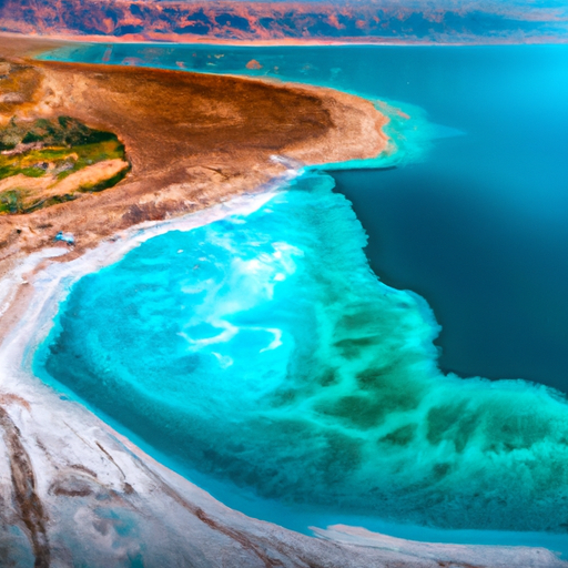 A stunning image of the Dead Sea showing the mineral-rich blue water against the backdrop of rugged mountains.