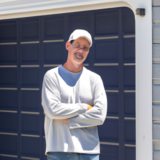 A satisfied customer standing next to their freshly installed or repaired garage door